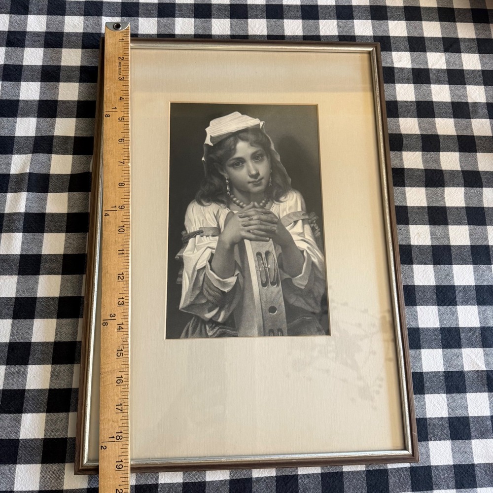 Vintage Framed Portrait Print Young Girl with Tambourine B&W Silver Frame 12x18 - Picture 4 of 8